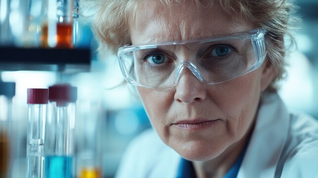 A senior female scientist in a laboratory, wearing safety glasses and a lab coat, exuding focus and dedication while working with laboratory glassware and conducting research.