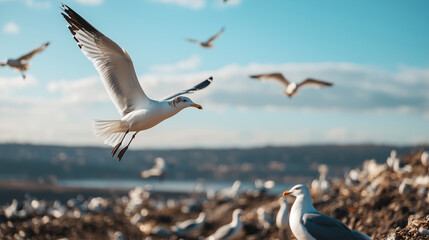 A vast landfill with seagulls flying above