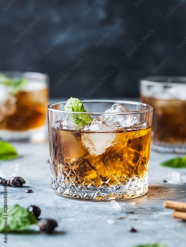 Poster refreshing cocktail served with mint leaves and ice in a stylish glass on a dark backdrop : generati