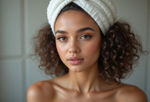 Mujer de piel morena clara y rizos voluminosos envolviendo un turbante de toalla, luciendo renovada y segura
