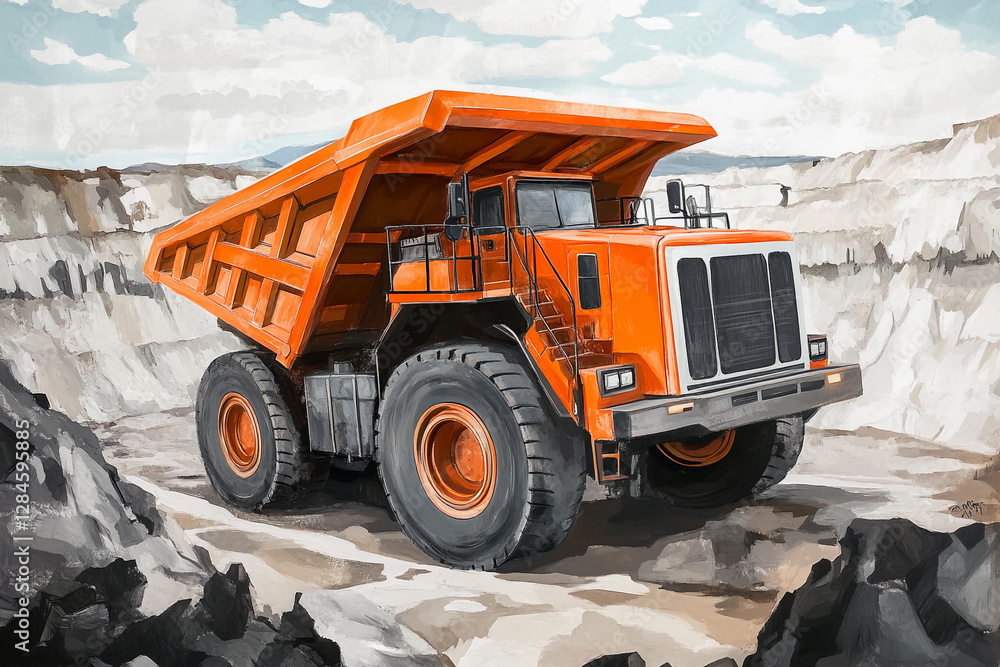 Poster massive orange haul truck operates in open pit mining site. generative ai
