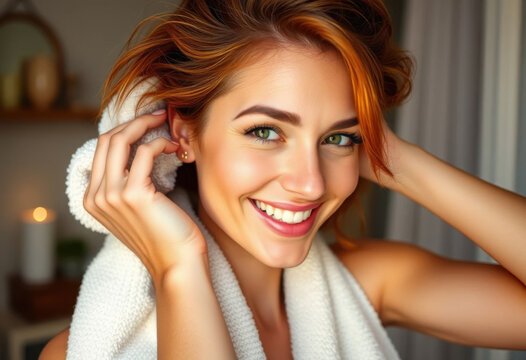 Mujer pelirroja con piel oliva sonriendo mientras se seca el cabello con una toalla esponjosa, ambiente acogedor
