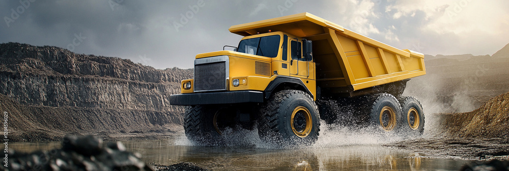 Poster massive yellow haul truck operates in open pit mining site. generative ai