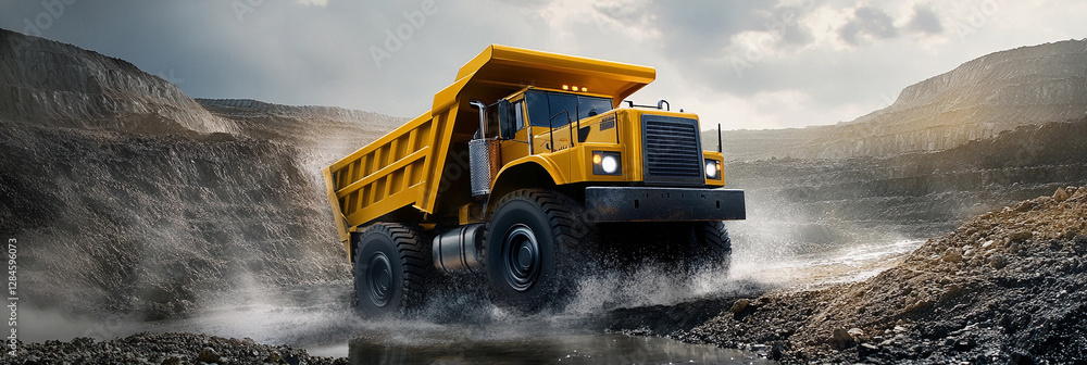 Poster massive yellow haul truck operates in open pit mining site. generative ai