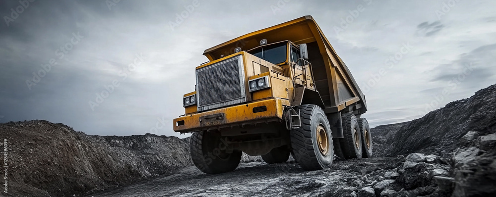 Poster Massive yellow haul truck operating in open pit mining. Generative AI