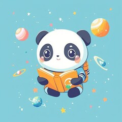 Fototapeta premium Adorable Panda Astronaut Reading in Space