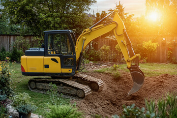 New yellow mini excavator digging in a garden during sunset. Generative AI