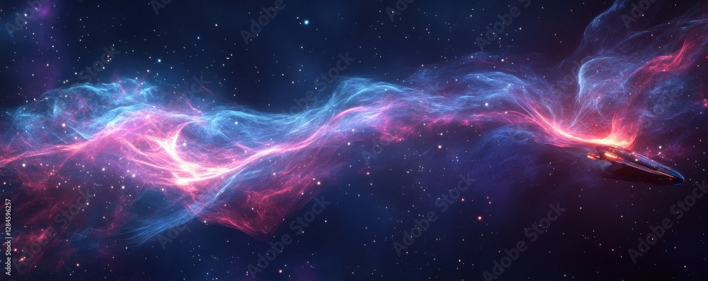 Poster spaceship navigating through vibrant cosmic nebula in deep space with stars