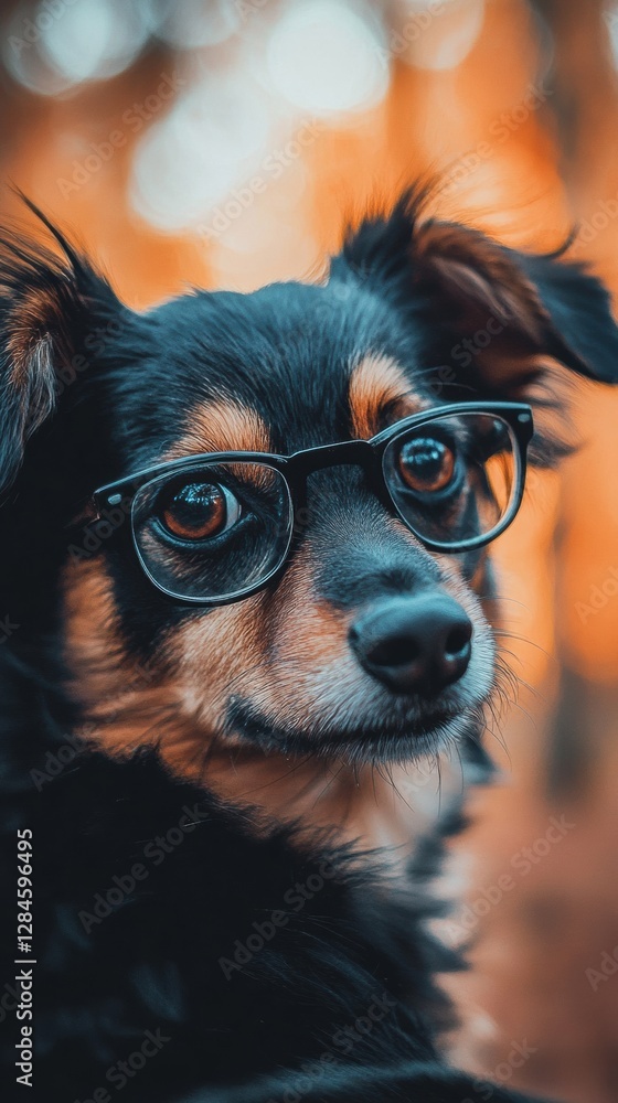 Poster adorable dog wearing glasses with a charming expression in a warm autumn setting. generative ai