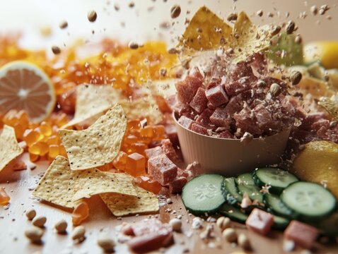 Vibrant rain of ingredients fills a whimsical cup with a flavorful mix of snacks and toppings, creating an extravagant culinary spectacle