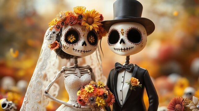 Skeleton bride and groom in day of the dead celebration