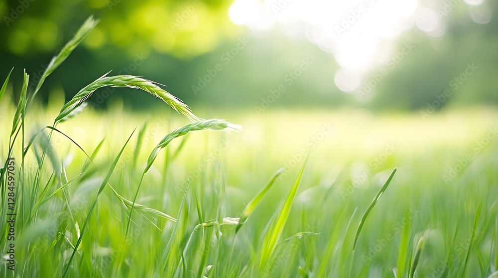 Aufkleber Lush green blades of grass swaying gently in the sunlight creating a serene natural environment : Generative AI