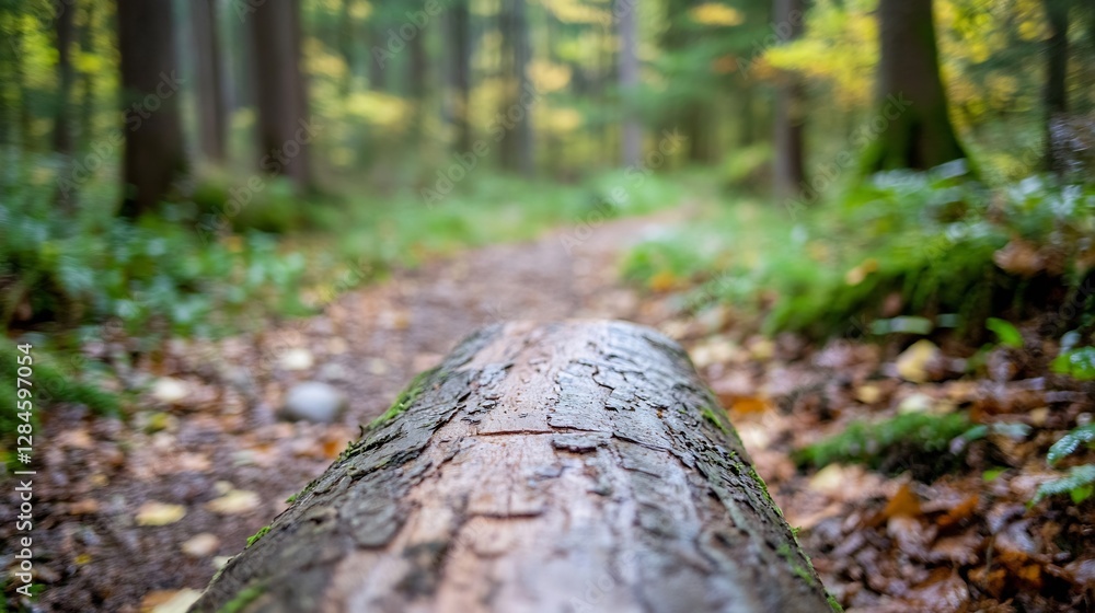 Poster tranquil forest path featuring a fallen log surrounded by vibrant autumn foliage : generative ai