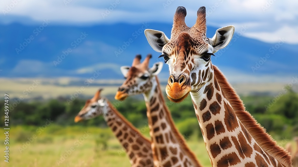 Poster Majestic giraffe with striking patterns looking towards the camera in a scenic landscape : Generative AI