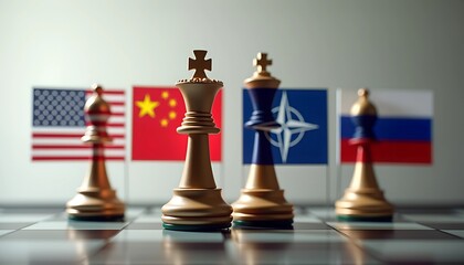 Chess pieces symbolize global power dynamics among nations on a strategic game board