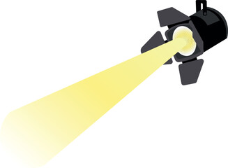 A stage spotlight with sliding doors emits a bright yellow beam.