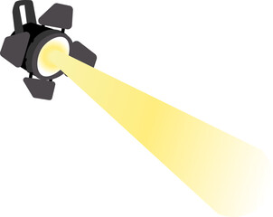 A stage spotlight with sliding doors emits a bright yellow beam.
