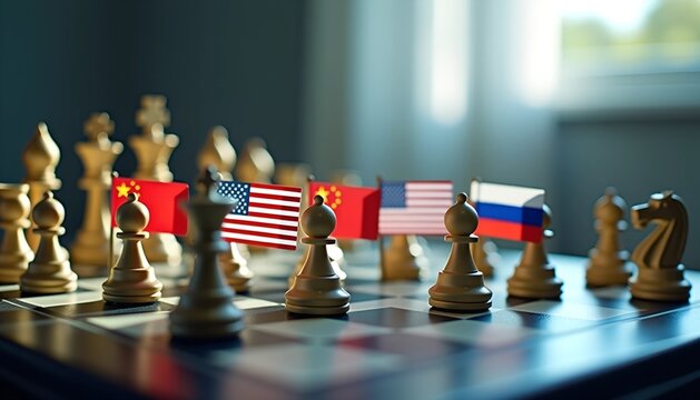 Chess pieces and flags representing the USA, China, and Russia showcased on a beautiful game board during a strategic match