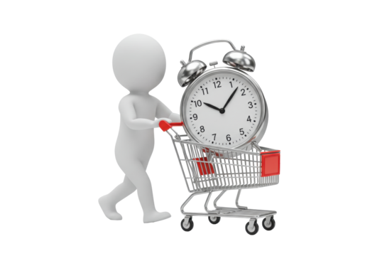 Isolated Stick Figure Pushing Shopping Cart with Alarm Clock