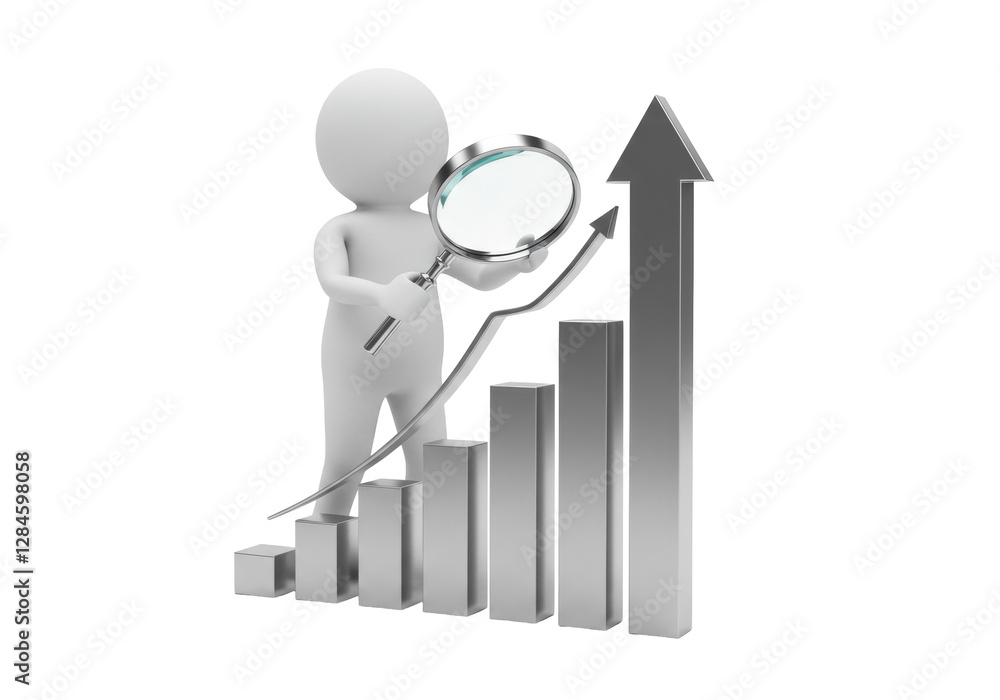 Poster isolated 3d man analyzing growing bar graph with magnifying glass