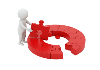 Isolated 3D Man Assembling a Circular Puzzle with a Red Section