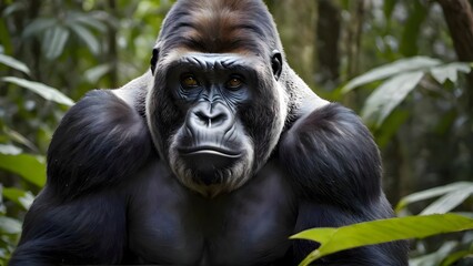 Fototapeta premium A powerful silverback gorilla in the jungle. 