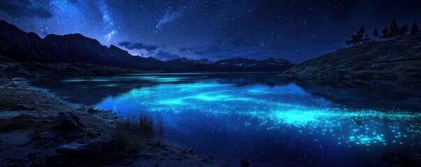 Serene night sky over a bioluminescent lake with mountains and stars