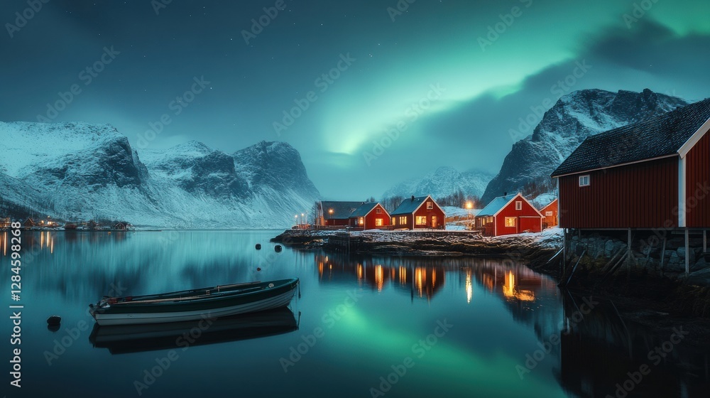 Poster captivating scandinavian village at night with aurora borealis over calm waters and snow capped moun