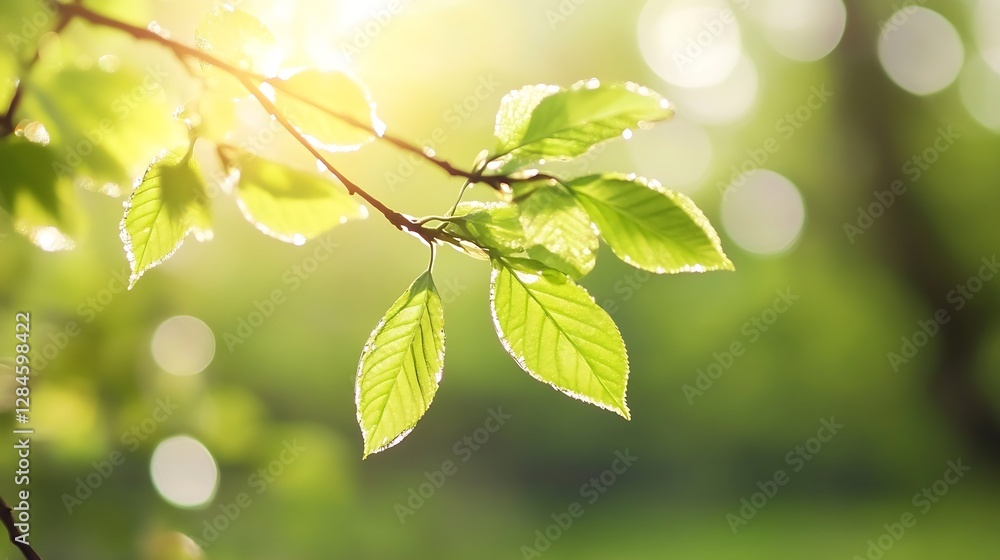 Poster Vibrant green leaves illuminated by soft sunlight offering a refreshing view of nature and tranquility in a forest setting : Generative AI