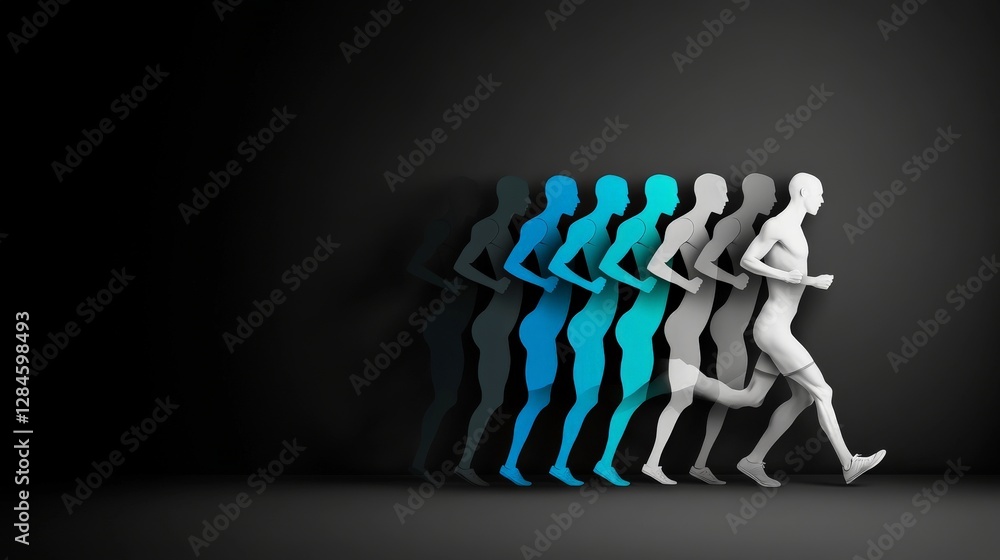 Poster dynamic silhouettes of running figures in motion against dark background