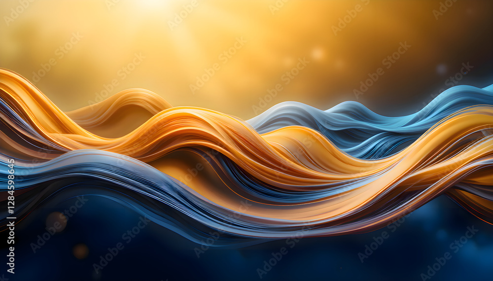 Poster abstract waves of blue and orange merge in a dynamic flow.