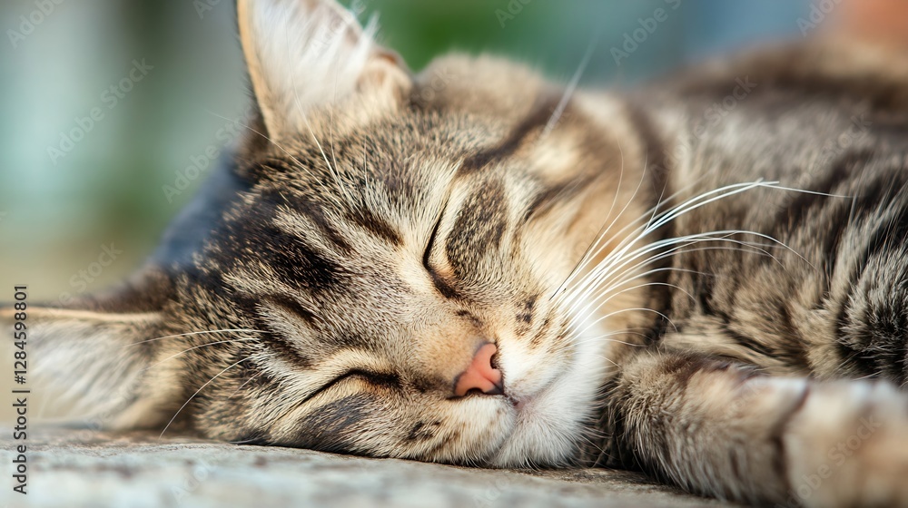Poster adorable sleeping tabby cat resting peacefully on a soft surface radiating tranquility and comfort :