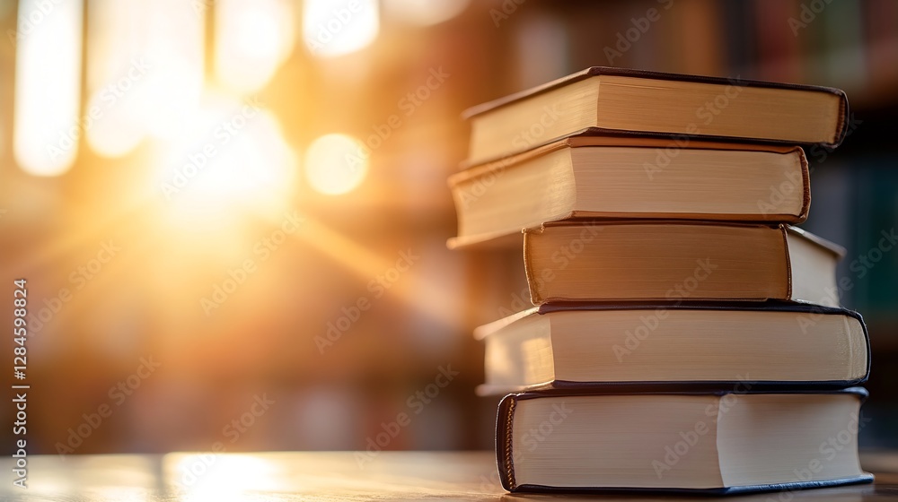 Poster Stacks of books on a table illuminated by warm sunlight creating a cozy reading environment : Generative AI