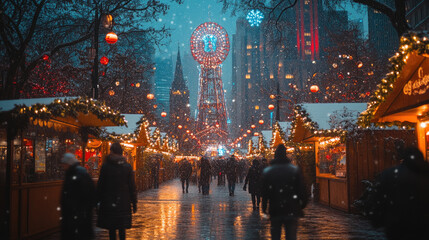 Winter Christmas Market NYC, People Walking, Snow, Ferris Wheel