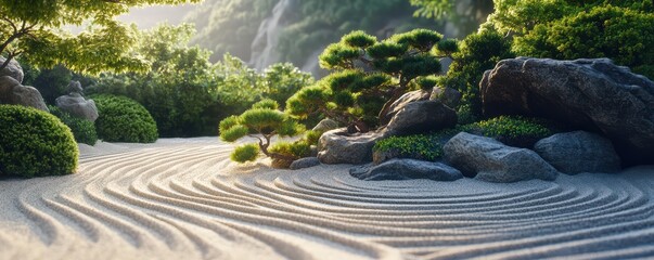 Naklejka premium Serene japanese zen garden with lush greenery and tranquil sand patterns