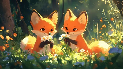 Adorable cartoon foxes holding flowers in a sunlit forest glade