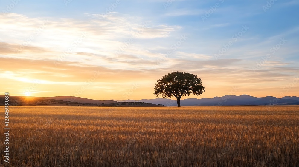 Aufkleber solitary tree on grassy field against a backdrop of mountains during a captivating sunset : generati