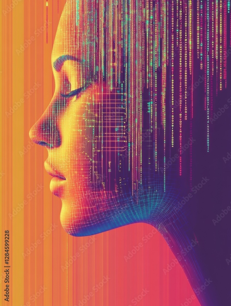 Poster Human face transforms into digital data stream in striking AI concept illustrating the fusion of humanity and technology. Generative AI