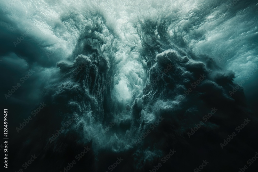 Poster an underwater view of a powerful wave, creating a mesmerizing, dark teal cavernous effect.