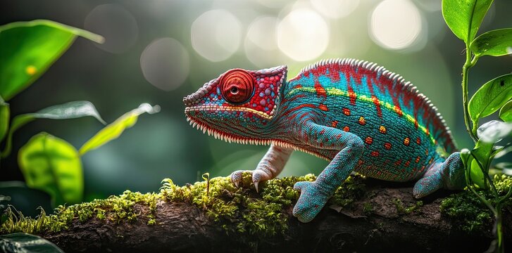 A vibrant chameleon scales a moss-draped branch in the jungle