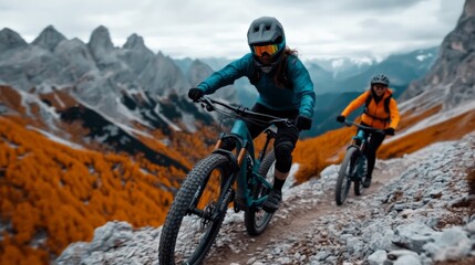 Mountain Bikers Riding Through Scenic Autumn Landscape in Dolomites