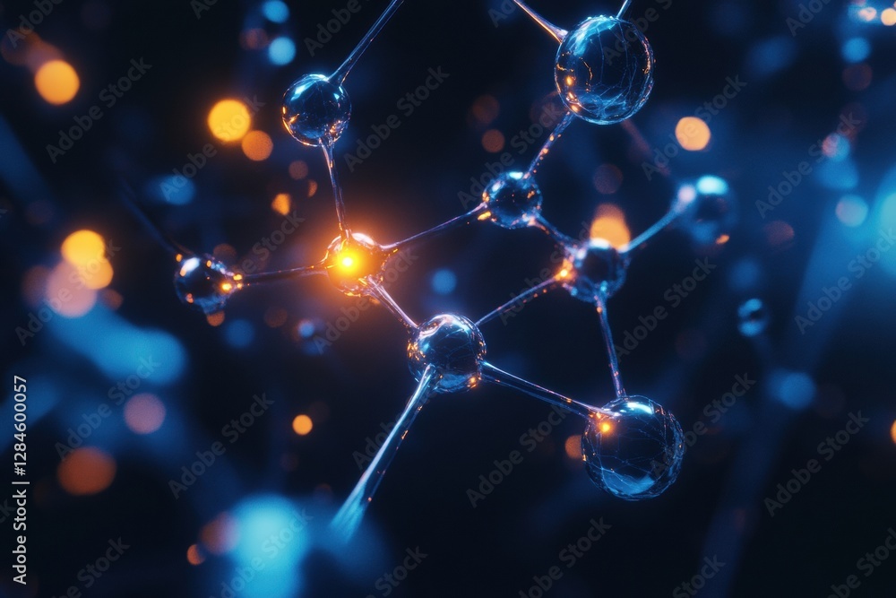 Poster Glowing atomic structures illustrating gas molecules in dynamic motion amidst vibrant colors in a scientific visualization. Generative AI