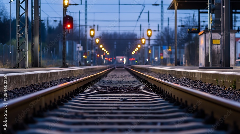 Aufkleber nighttime perspective of empty railway tracks illuminated by station lights at a train platform : ge