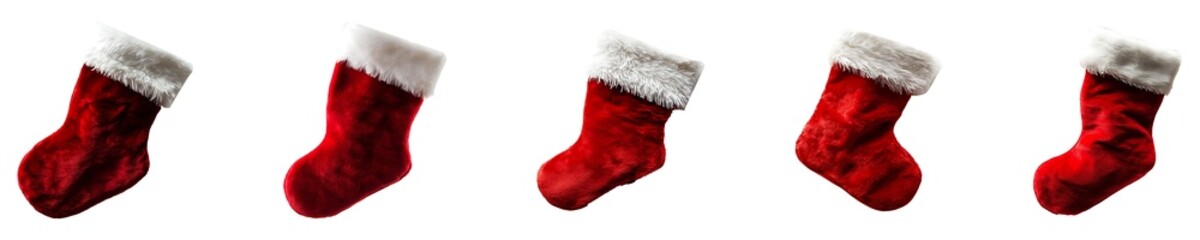 Set, Collection of red Christmas stocking Isolated on Transparent Background&nbsp;PNG.