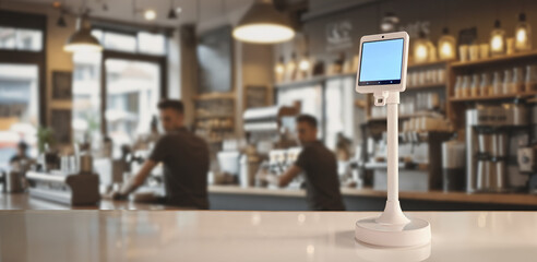 An electronic payment terminal on the counter of a coffee shop. Contactless payment device on the table of a small cafe