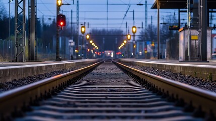 Obraz premium Nighttime perspective of empty railway tracks illuminated by station lights at a train platform : Generative AI