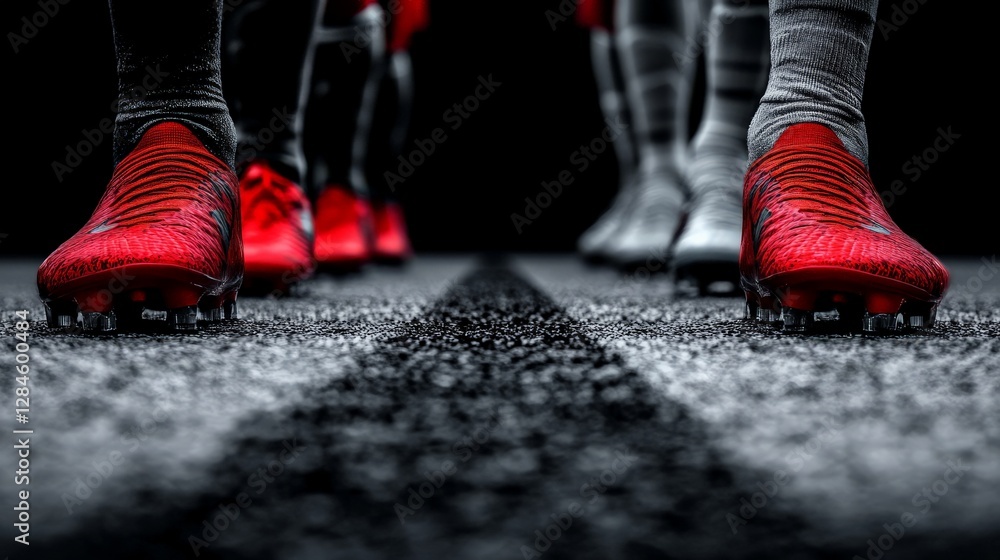 Poster dynamic close-up of red soccer cleats on field with motion effect