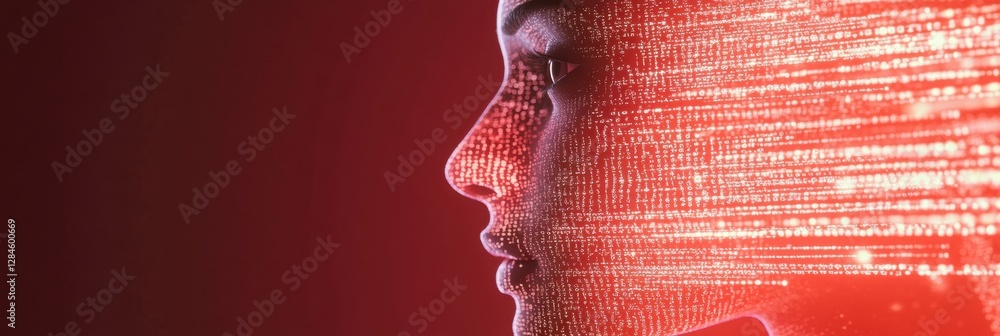 Aufkleber Human face dissolving into binary code showcases a futuristic AI concept of identity transformation. Generative AI