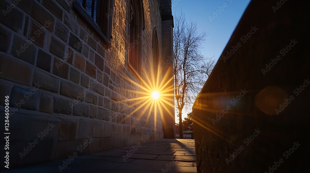 Poster beautiful sunburst over historical building at dusk creating a magical atmosphere : generative ai