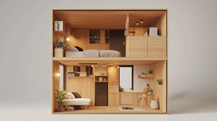 Fototapeta premium A beautifully designed modern tiny home with a warm wooden interior, featuring smart space-saving solutions, a cozy bedroom, and a minimalist aesthetic for efficient and stylish living